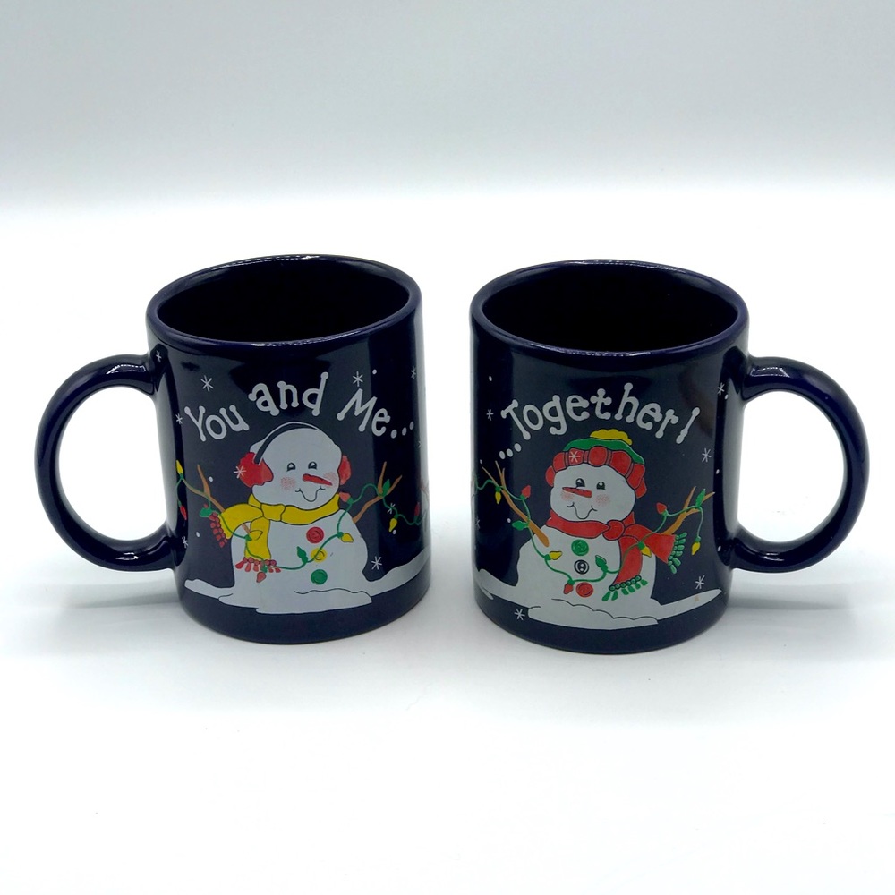 Set of two ceramic snowman mugs You and Me Together. 3.5” cobalt blue .